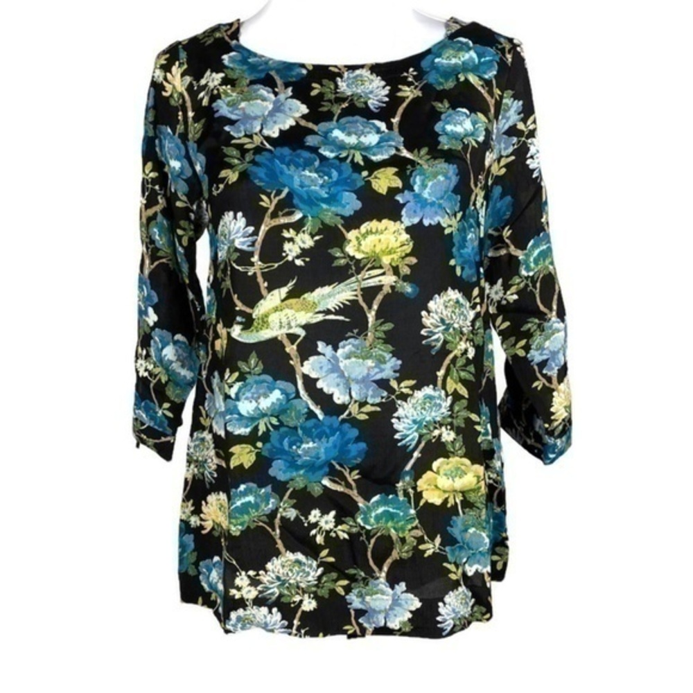 NWT J. Jill Floral Tropical Blouse 3/4in Tie Sleeves Rounded Neckline Size Small